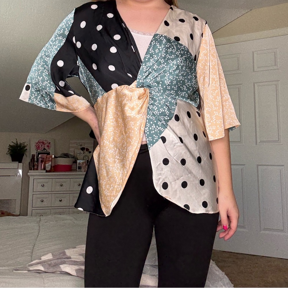 Skies Are Blue Patchwork Blouse - Black, Cream, Green